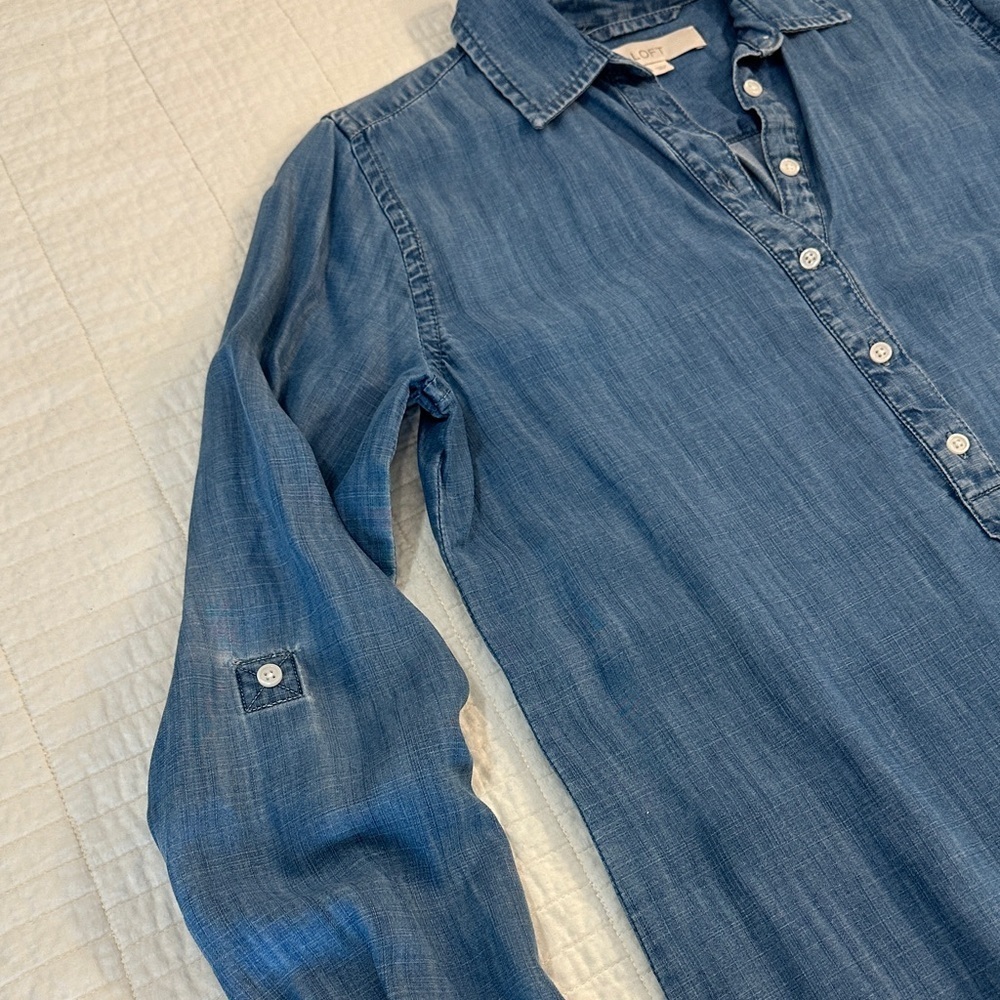 Loft Small Soft Chambray Shirt Dress Sleeve Tab Knee length Tunic Shirt Dress - Picture 6 of 7